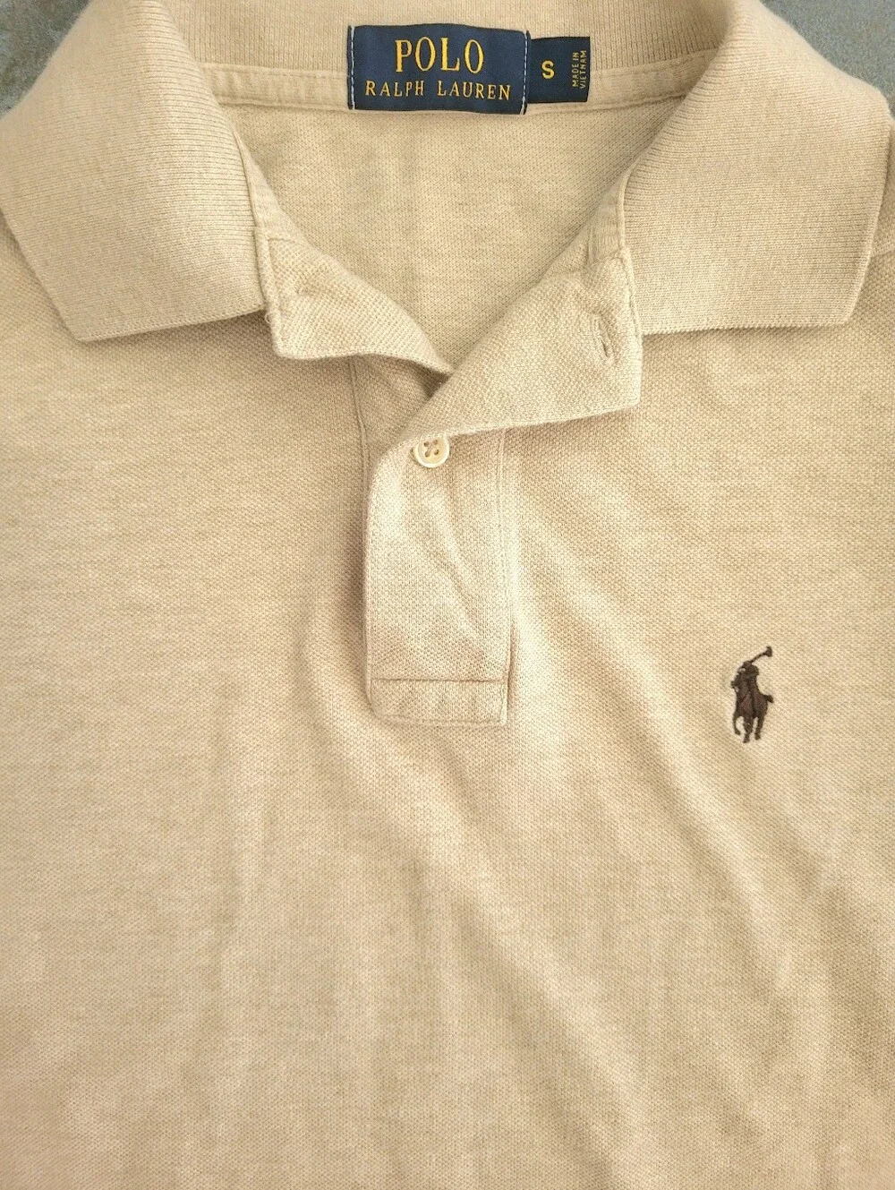 Polo Ralph Lauren men’s small beige oatmeal polo shirt brown pony preppy golf
